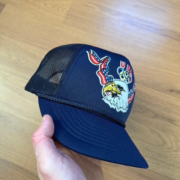 Vintage 80's Drew Pearson Team USA Olympics Bald Eagle Blue Trucker Snapback Hat - Picture 6 of 6